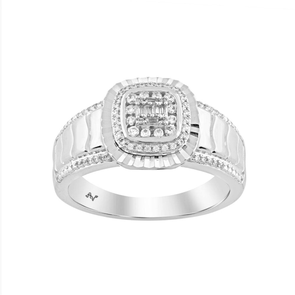 Sterling Silver Men’S Diamond Ring 0.25CT Round & Baguette Cut Fashion Jewelry
