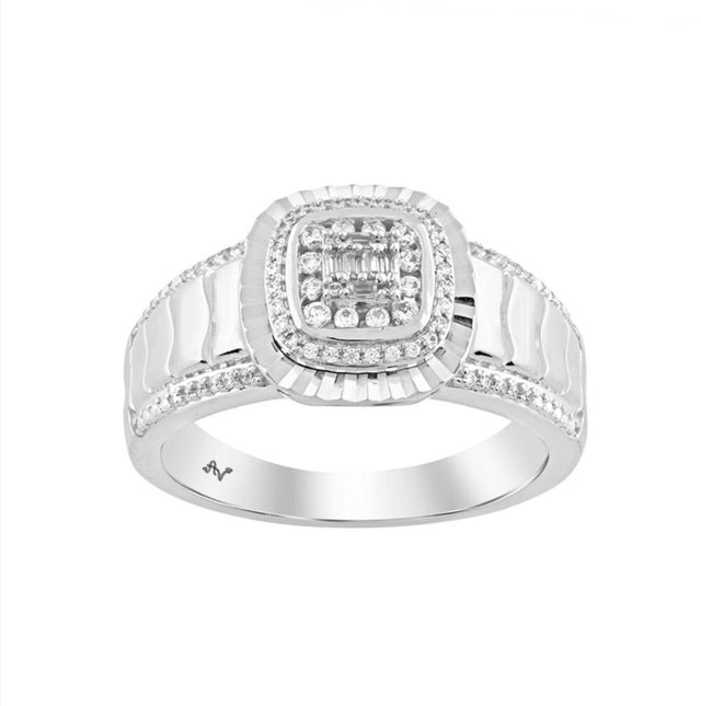 Sterling Silver Men’S Diamond Ring 0.25CT Round & Baguette Cut Fashion Jewelry