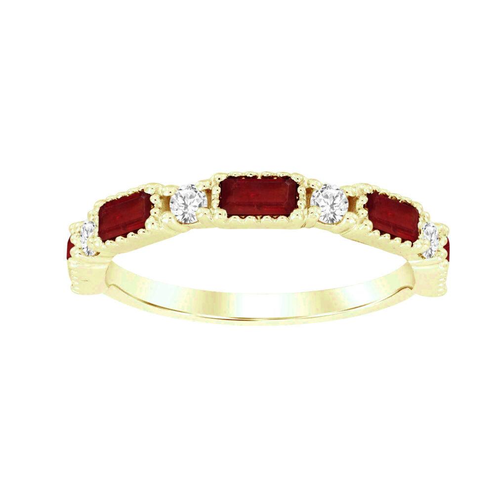 ANILLO DE BODA PARA MUJER CON DIAMANTES Y RUBÍ REDONDOS DE 1,00 QUILATES EN ORO AMARILLO DE 14K (RUBÍ CENTRAL APROX. - 0,75 QUILATES)