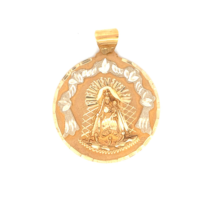 14K Two-Tone Gold Virgin of Charity Round Pendant with Cz Weight 11.5 gr