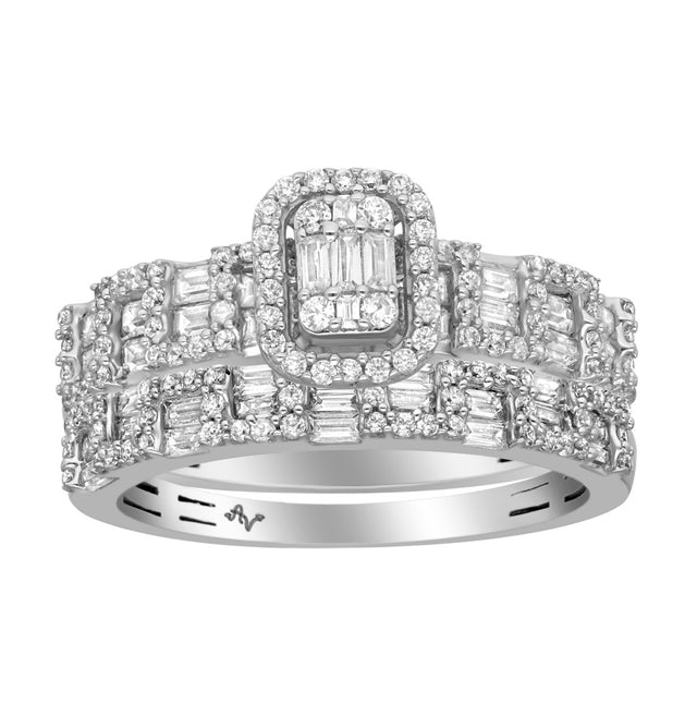 LADIES BRIDAL SET 1.00CT ROUND/BAGUETTE DIAMOND 14K WHITE GOLD
