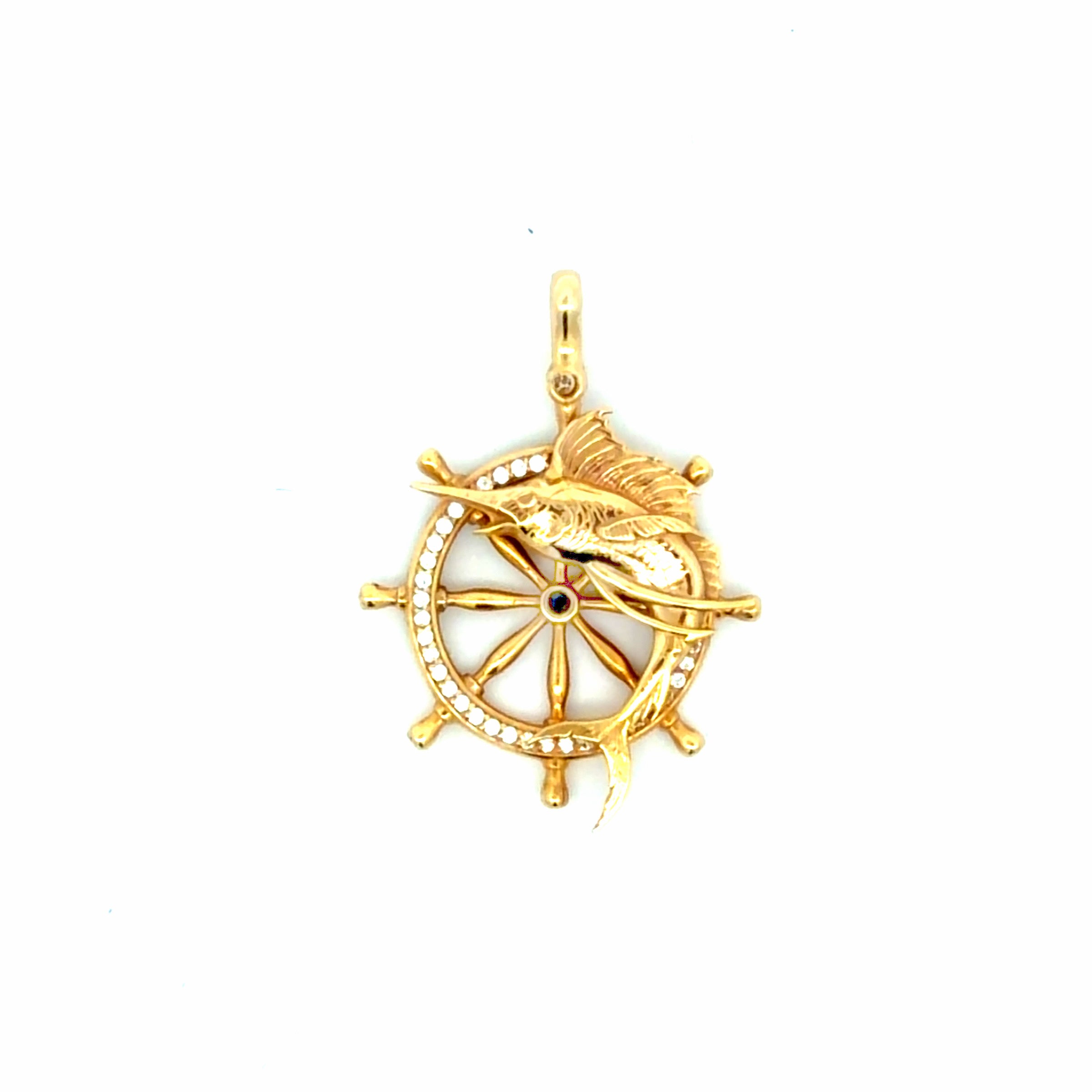 14k Yellow Gold Wheel Marlin Pendant With Cz Weight 9.6 gr