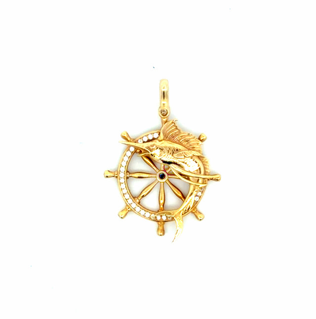 14k Yellow Gold Wheel Marlin Pendant With Cz Weight 9.6 gr