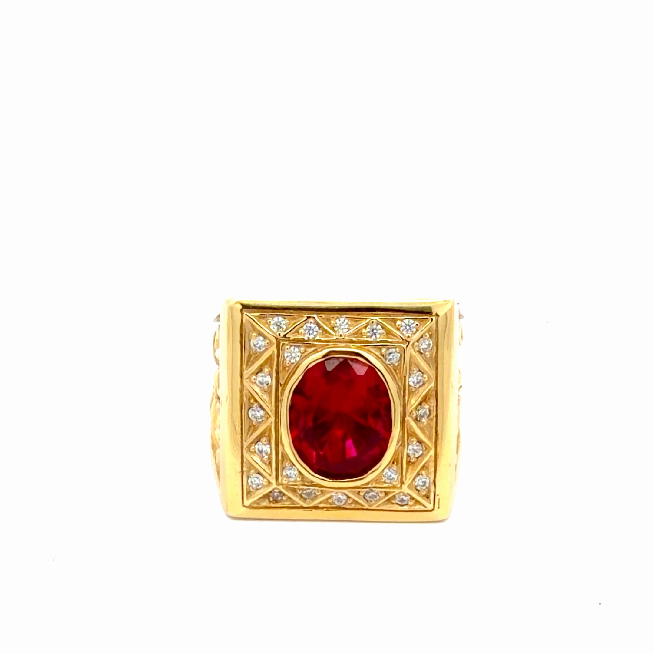 14k Yellow Gold Men's Ring Oval Red Stone & Cz  Size 10 3/4 Weight 37.8 gr