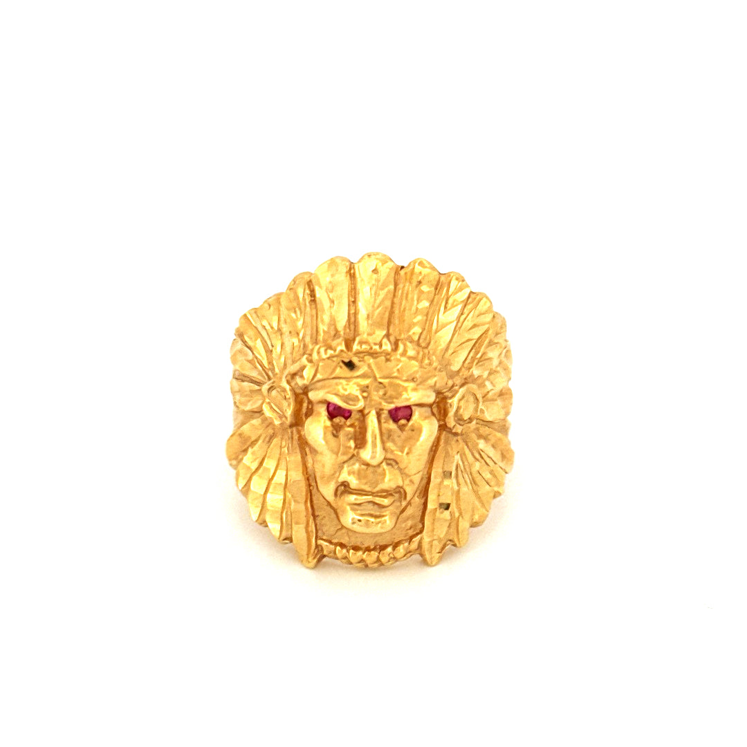 Anillo de hombre indio de oro amarillo de 14k con circonita y piedra roja, talla 11, peso 17.2 GR