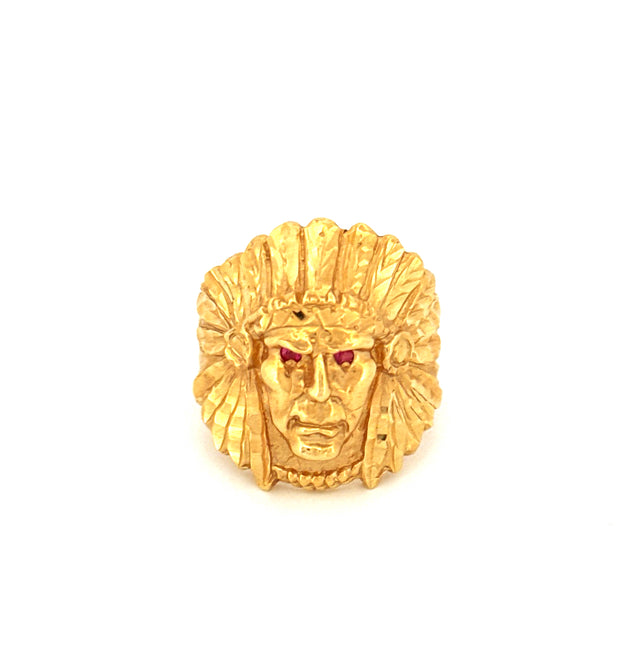 Anillo de hombre indio de oro amarillo de 14k con circonita y piedra roja, talla 11, peso 17.2 GR