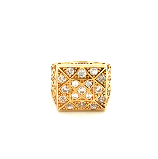 Anillo de hombre roseta cuadrado de oro amarillo de 10K con circonitas, talla 11, peso 17 g