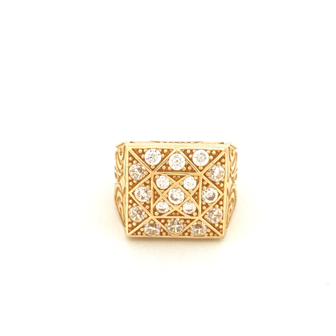14K Yellow Gold Square Rosetta Men's Ring With Cz  Size 11  Weight 18.7 gr