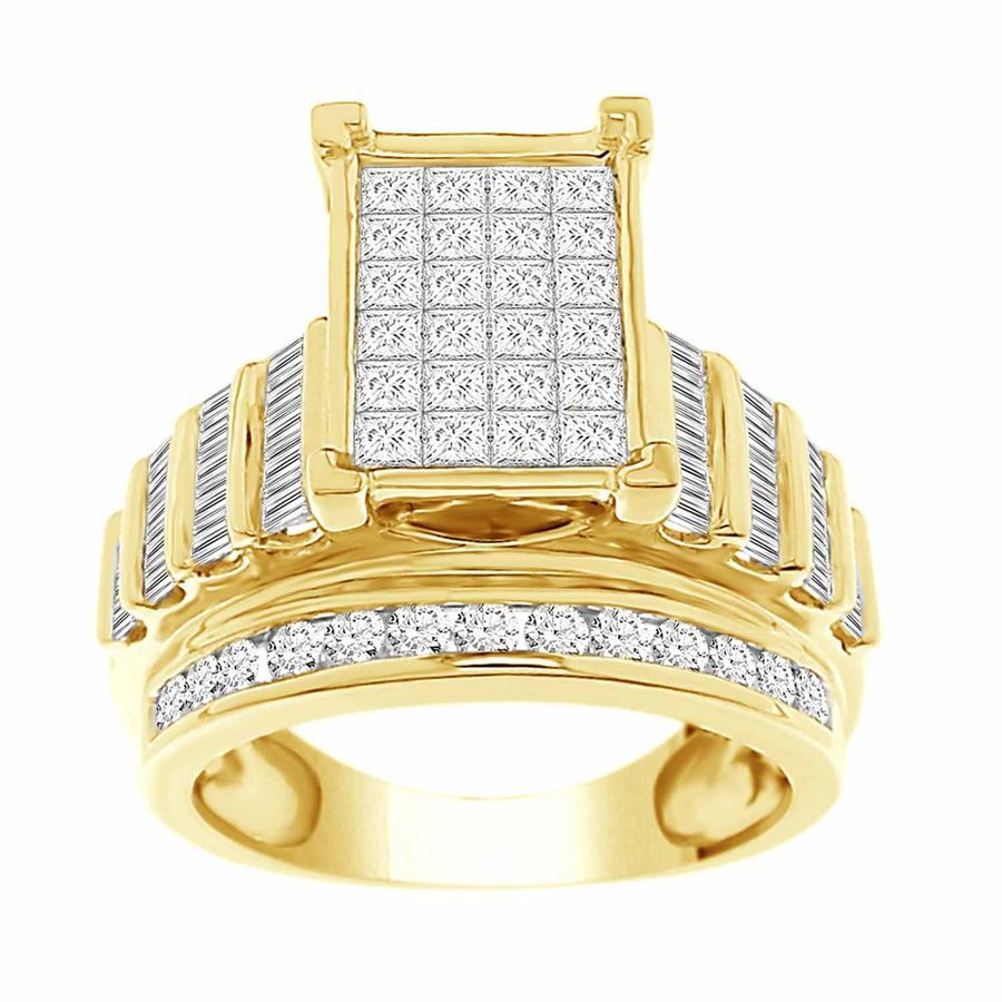 ANILLO DE MUJER 2.00CT DIAMANTE REDONDO/PRINCESA/BAGUETTE ORO AMARILLO 10K