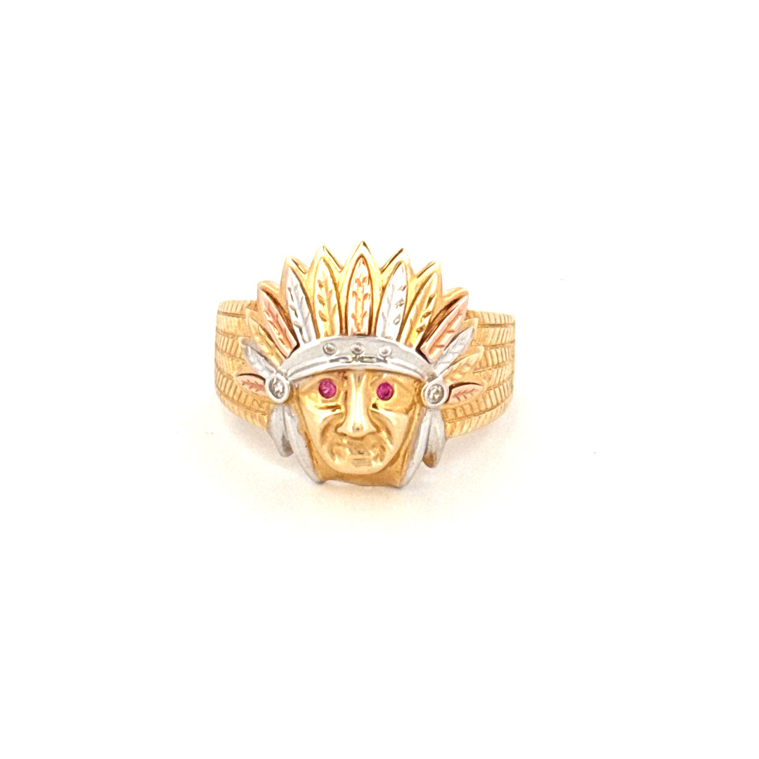 14K Tri-Color Gold Indian Men's Ring With Cz Size 10  Weight 7.4 gr