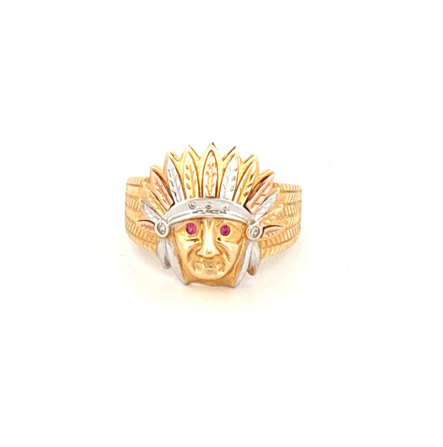 Anillo de hombre indio de oro tricolor de 14K con circonita cúbica, talla 10, peso 7,4 gr