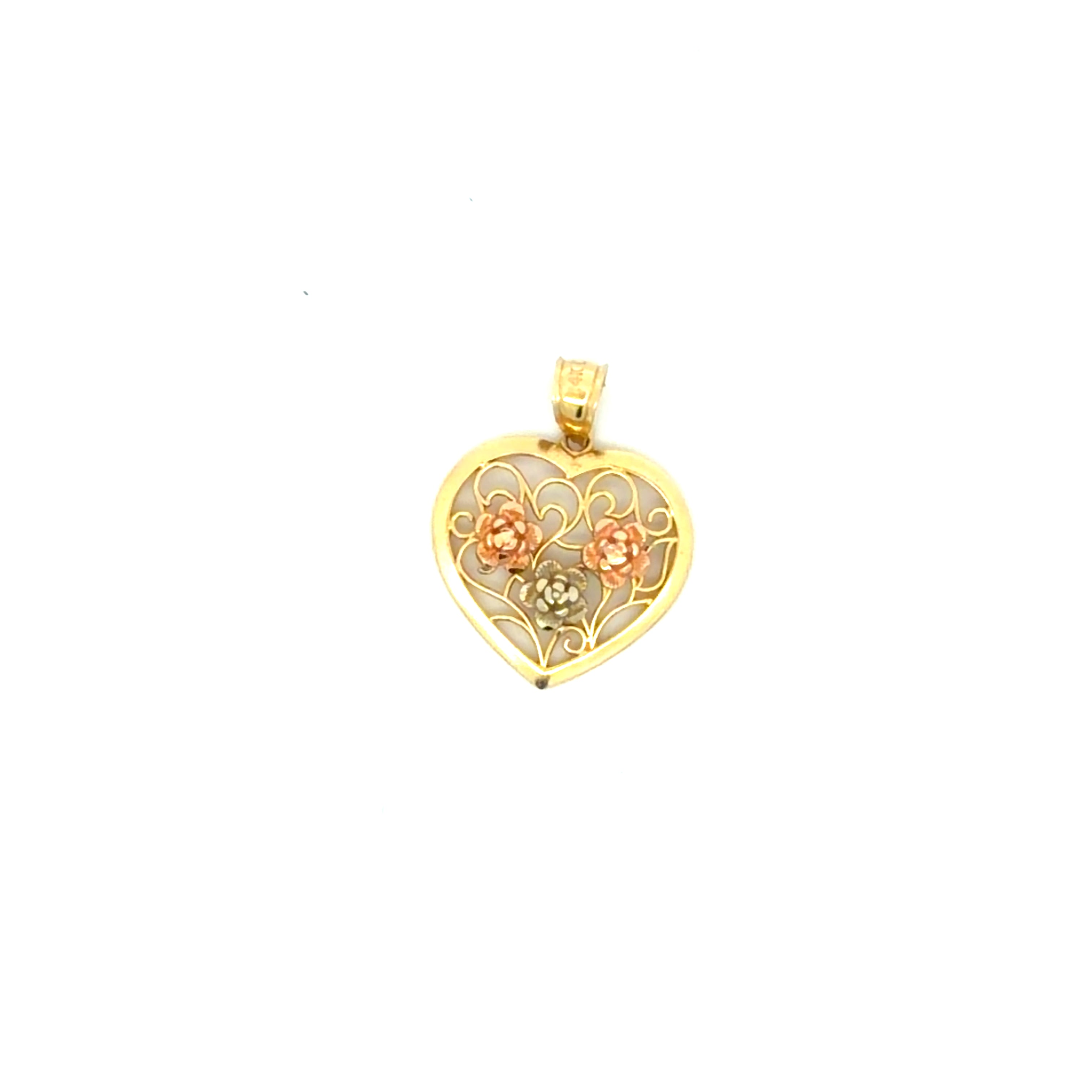 14k Tri-Color 3 Flower Heart Pendant  Weight 2.1 gr