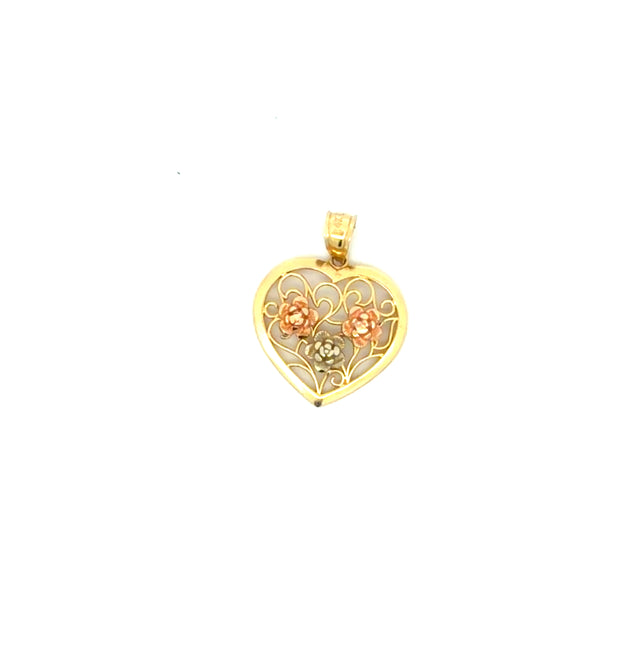 14k Tri-Color 3 Flower Heart Pendant  Weight 2.1 gr