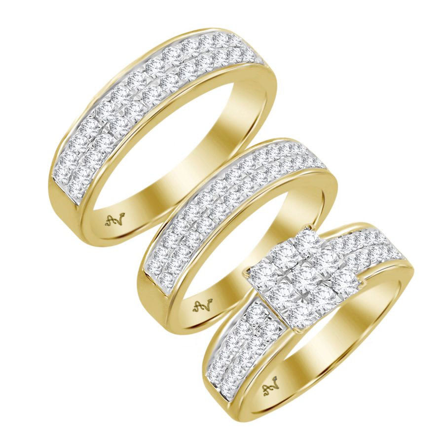 CONJUNTO TRÍO PARA DAMAS, DIAMANTE REDONDO DE 2.00CT, ORO AMARILLO DE 10K