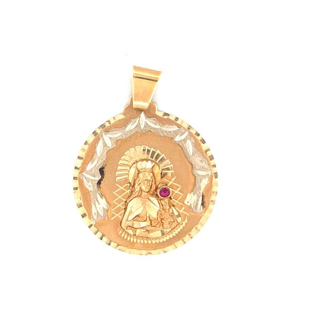 14K Two-Tone Gold Virgin Of Saint Barbara Round Pendant With Cz  Weight 7.2 gr