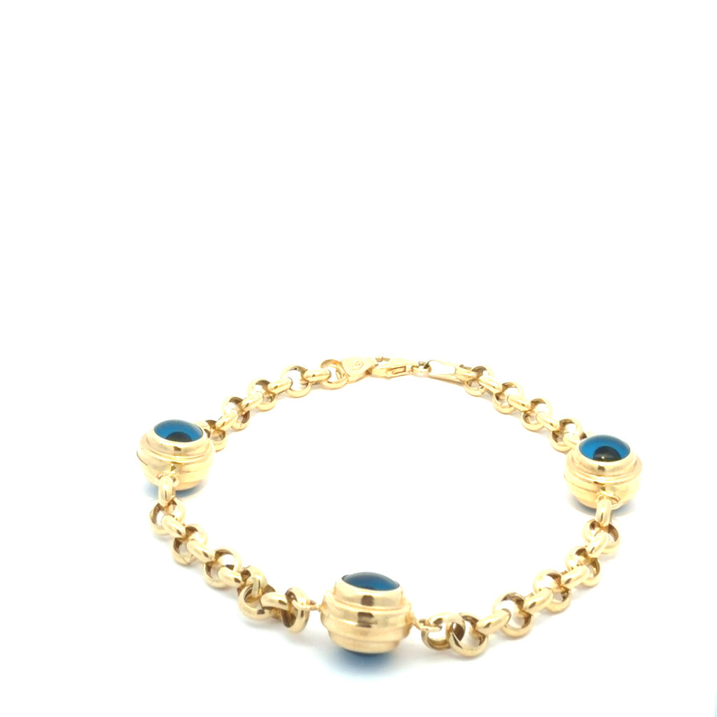 14k Yellow Gold Women's Cable Bracelet With Blue Eyes Size 8 " Weight 7.8 gr