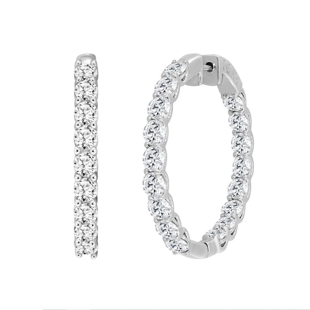 LADIES HOOP EARRINGS 7CT ROUND DIAMOND 14K WHITE GOLD