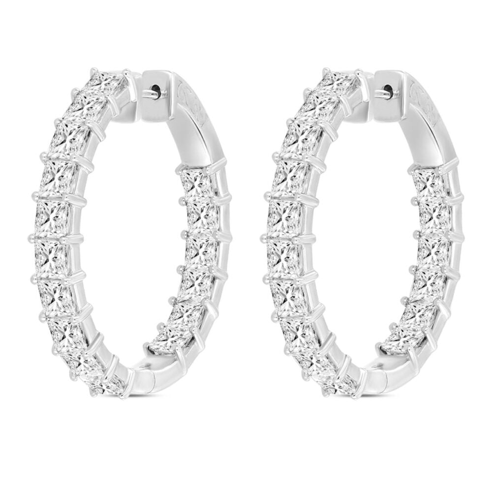LADIES HOOP EARRINGS 7CT PRINCESS DIAMOND 14K WHITE GOLD