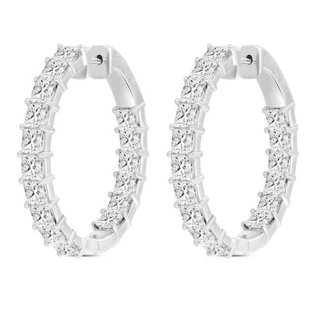 LADIES HOOP EARRINGS 7CT PRINCESS DIAMOND 14K WHITE GOLD