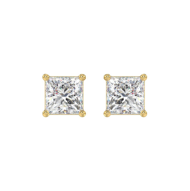 LADIES SOLITAIRE EARRINGS 3CT PRINCESS DIAMOND 14K YELLOW GOLD