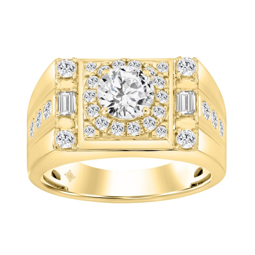 14K YELLOW GOLD 2.00CT ROUND/EMERALD DIAMOND MEN’S RING (CENTER STONE ROUND DIAMOND 1CT)