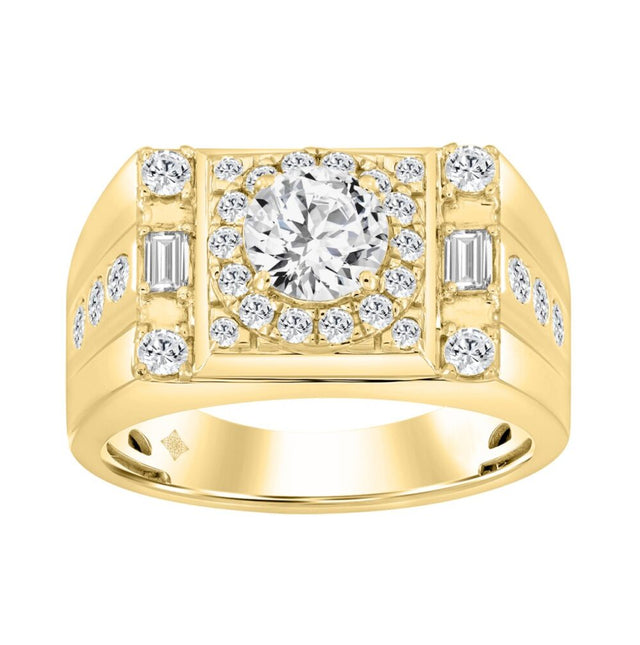 14K YELLOW GOLD 2.00CT ROUND/EMERALD DIAMOND MEN’S RING (CENTER STONE ROUND DIAMOND 1CT)