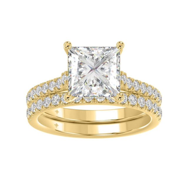 14K YELLOW GOLD 3 1/2CT ROUND/PRINCESS DIAMOND LADIES BRIDAL SET (CENTER STONE PRINCESS DIAMOND 3CT)
