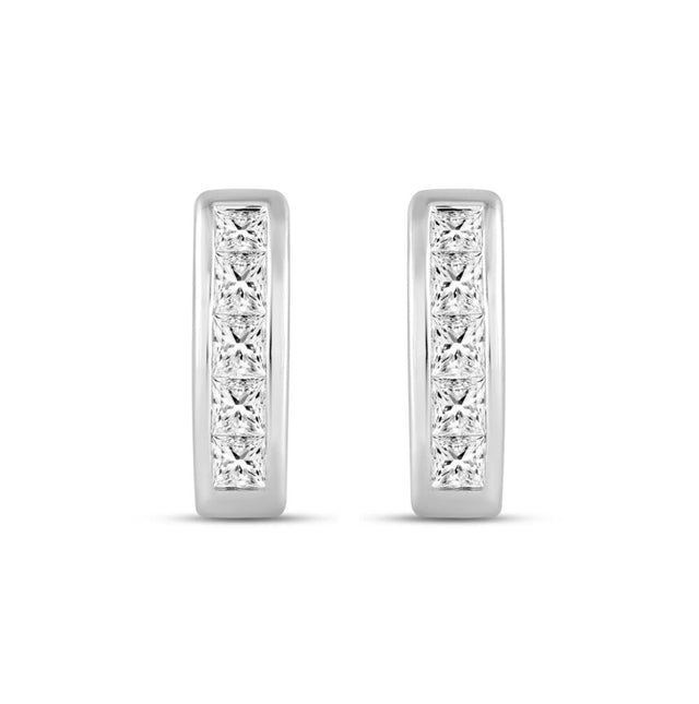LADIES HOOPS EARRINGS 1.00CT PRINCESS DIAMOND 14K WHITE GOLD