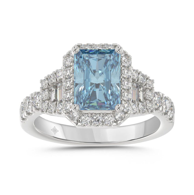 14K WHITE GOLD 2 3/4CT ROUND/BAGUETTE/RADIANT DIAMOND LADIES RING (CENTER STONE BLUE RADIANT DIAMOND 2.00CT)
