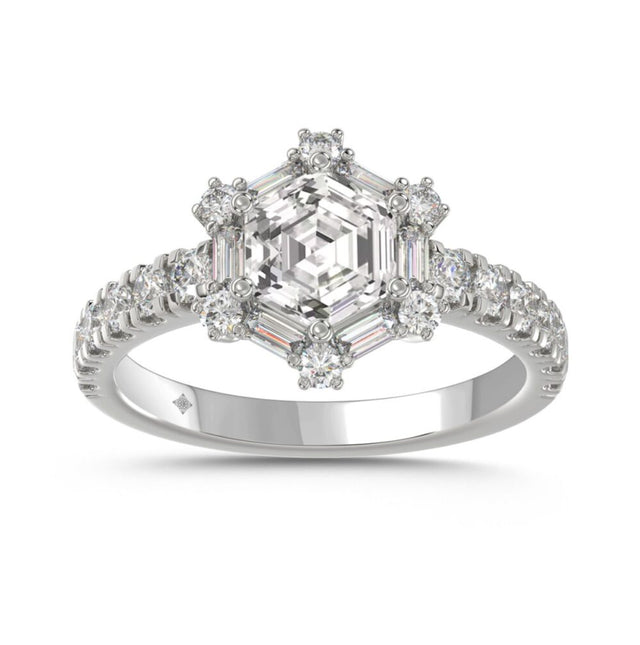 14K WHITE GOLD 1 3/4CT ROUND/BAGUETTE/HEZAGON STEP CUT DIAMOND LADIES RING