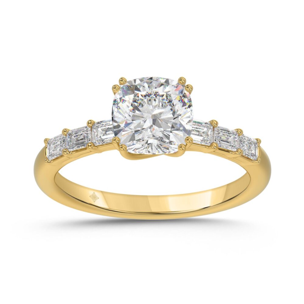 14K YELLOW GOLD 3 1/2CT EMERALD/CUSHION DIAMOND LADIES RING (CENTER STONE CUSHION DIAMOND 3CT)"