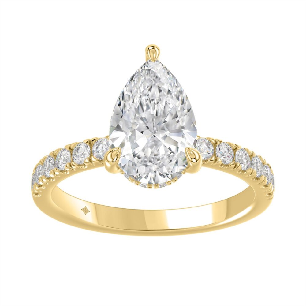 ANILLO DE ORO AMARILLO DE 14K CON DIAMANTES REDONDOS/DE PERA DE 3 1/2CT PARA MUJER (DIAMANTE CENTRAL DE PERA DE 3CT)