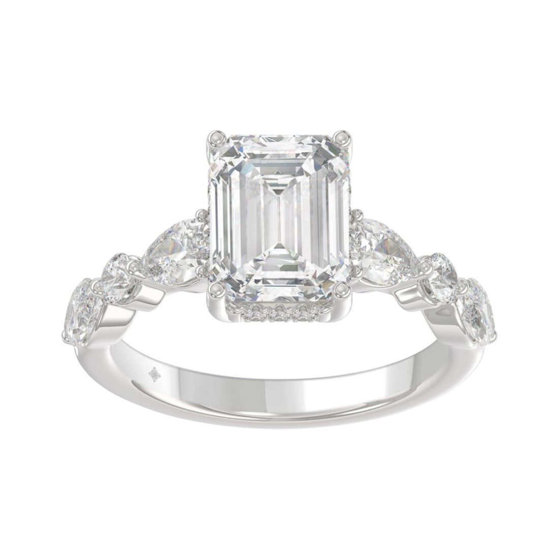 14K White Gold Emerald Cut Diamond Classic Bridal Ring for Ladies 4.00CT with Pear Round & Marquise Diamond 3.00CT Emerald Center stone (Color F-G
