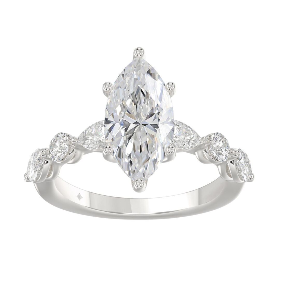 14K White Gold Bridal Fashion Ring for Ladies 4CT Round & Marquise& Pear Cut Diamonds 3.00CT Marquise Center stone (Color F-G -Clarity VS1/VS