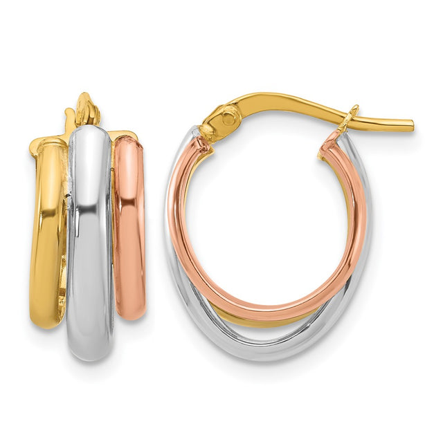 Leslie’s 14K w/ White RH/Rose GP Polished 3 Row Oval Hoop Earrings