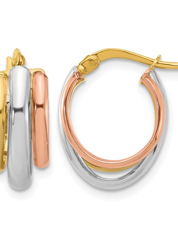 Leslie’s 14K w/ White RH/Rose GP Polished 3 Row Oval Hoop Earrings