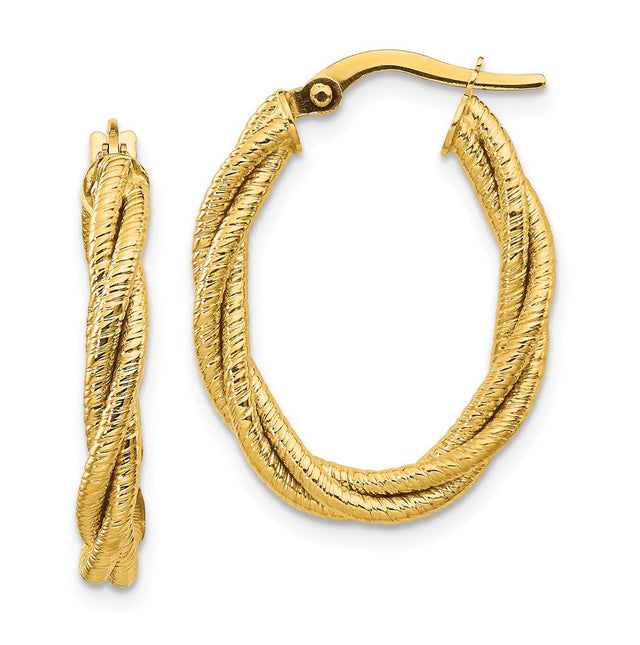 14k Polished Textured Twisted Oval Hoop Earrings