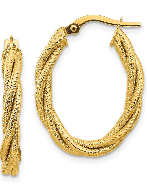 14k Polished Textured Twisted Oval Hoop Earrings