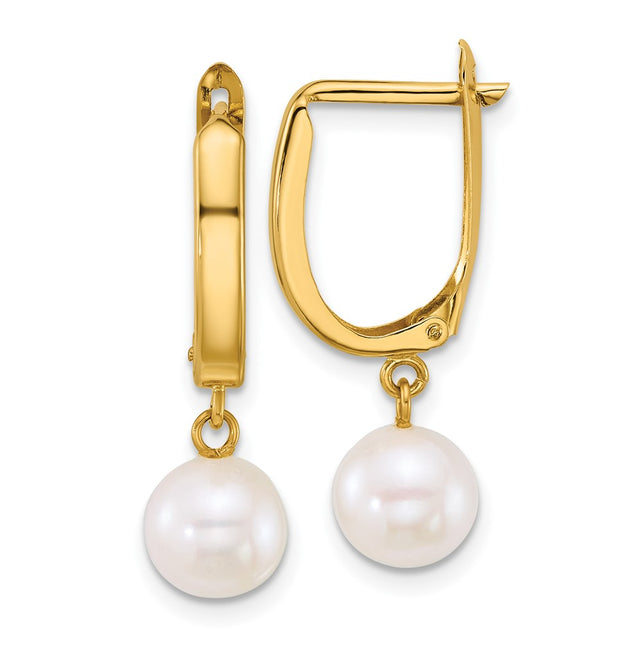 14k 7-8mm Round White FW Cultured Pearl Dangle Hoop Earrings