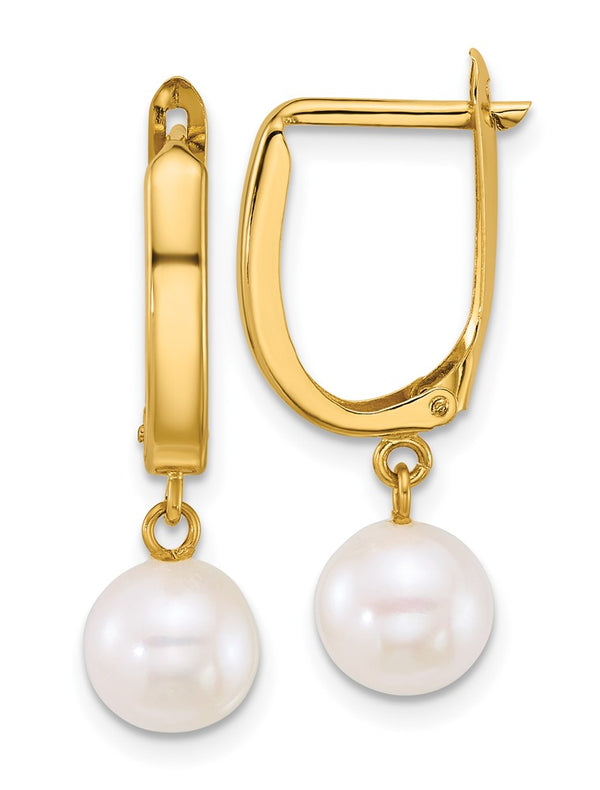 14k 7-8mm Round White FW Cultured Pearl Dangle Hoop Earrings