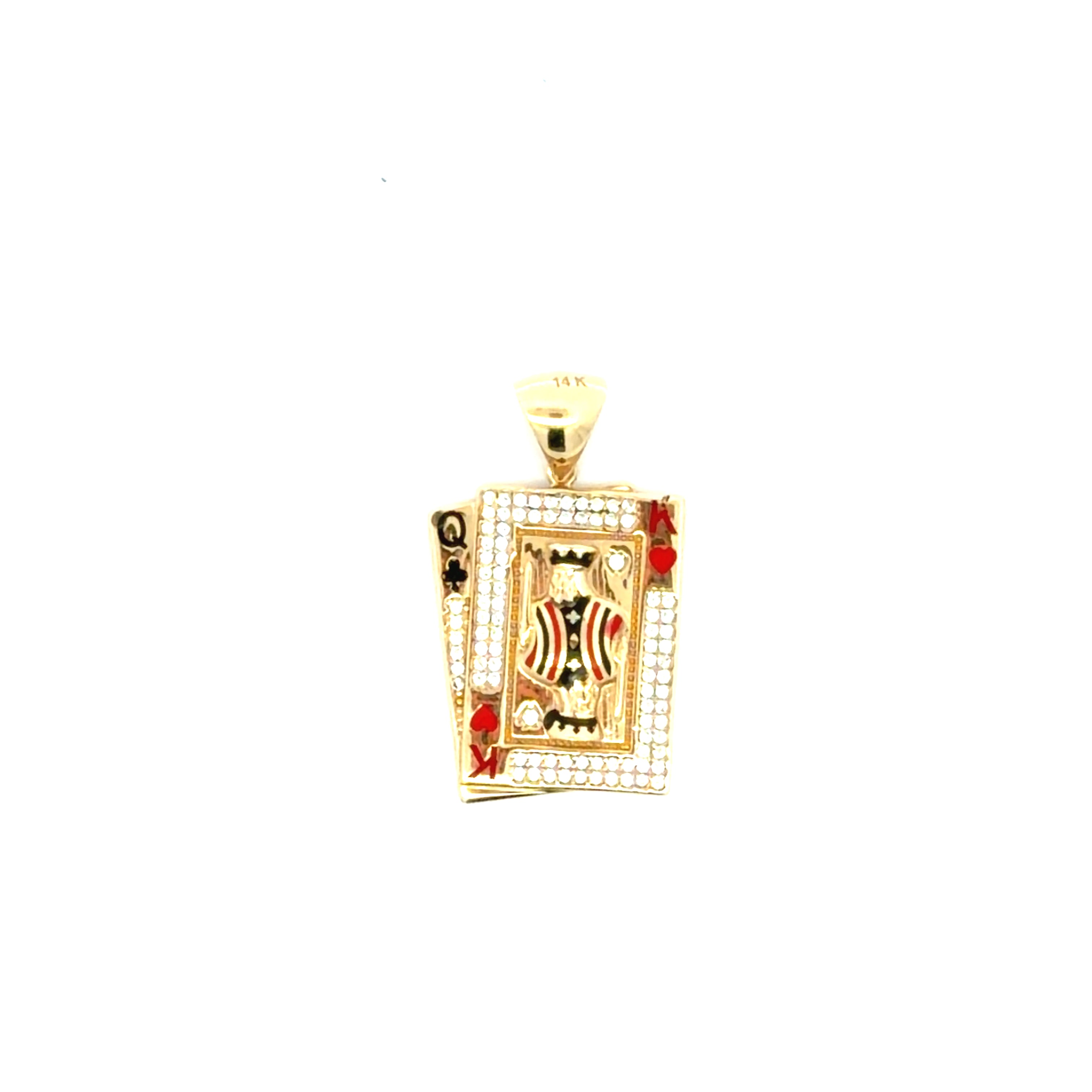 14K Yellow Gold King & Queen Card Pendant With Red & Black Enamel & CZ Weight 4.6 gr