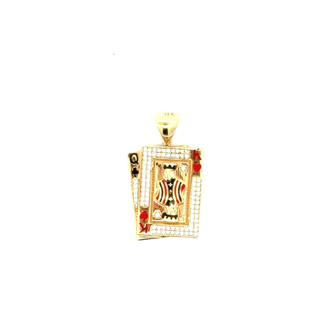 14K Yellow Gold King & Queen Card Pendant With Red & Black Enamel & CZ Weight 4.6 gr