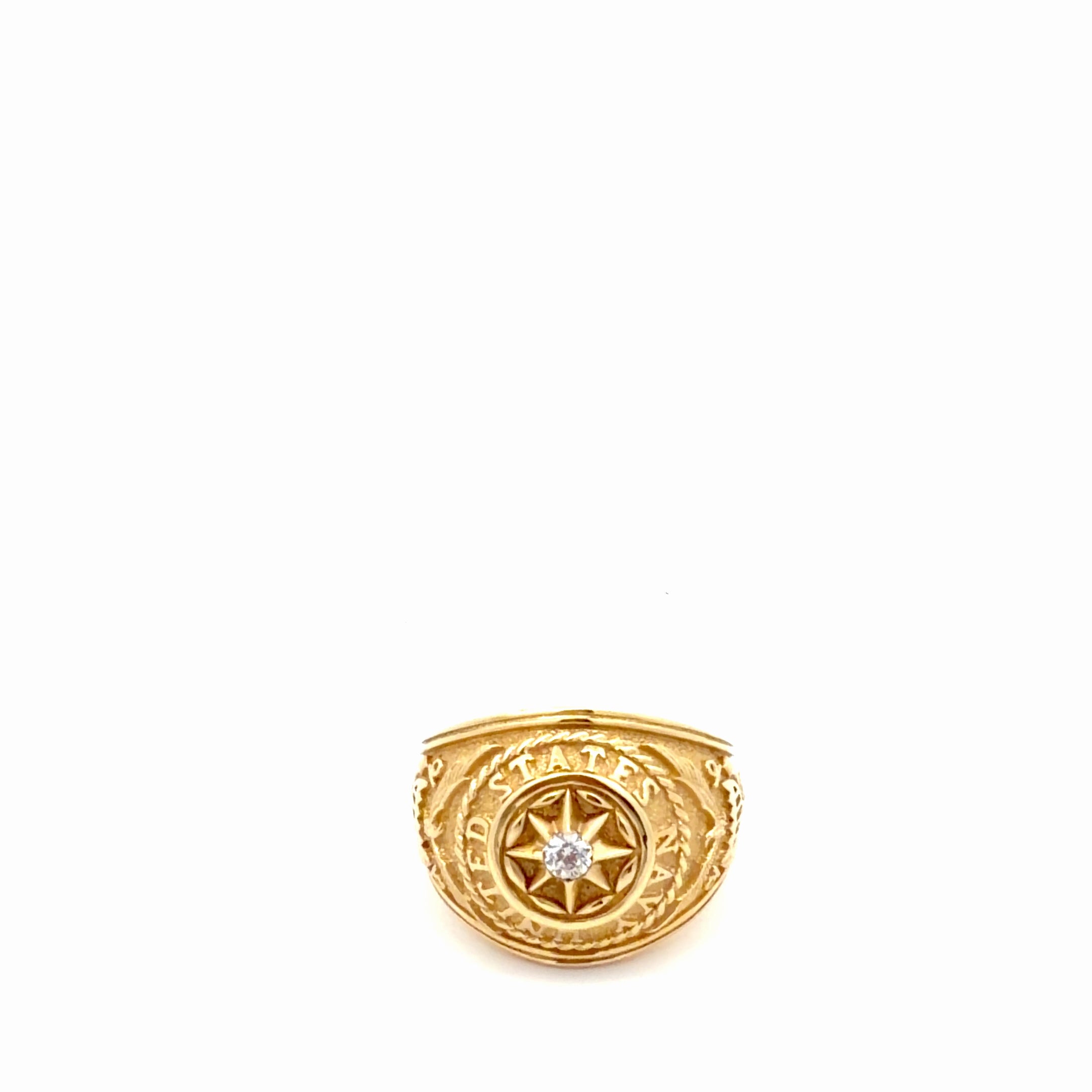 14k Yellow Gold Men's Ring With United States Navy Engravement & Cz Size 10 1/2 Weight 10.8 gr