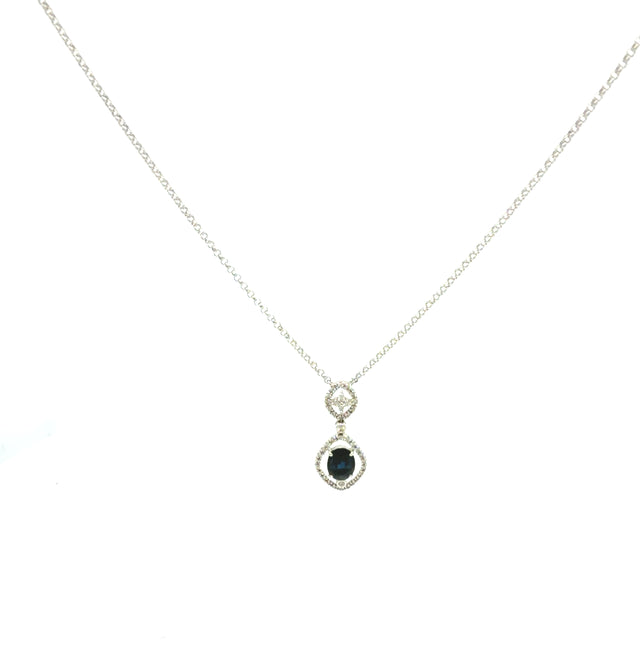 14K White Gold Necklace With Diamond & Blue Sapphire Size 16